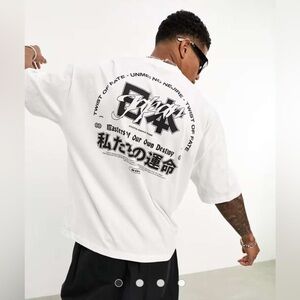 men’s white graphic tee with black print